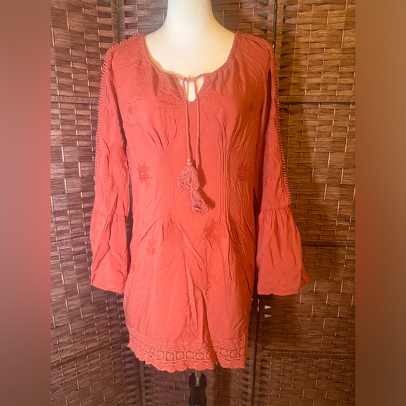 Monoreno dress Boho Large Orange Long sleeve Embroidered Design - Picture 9 of 9